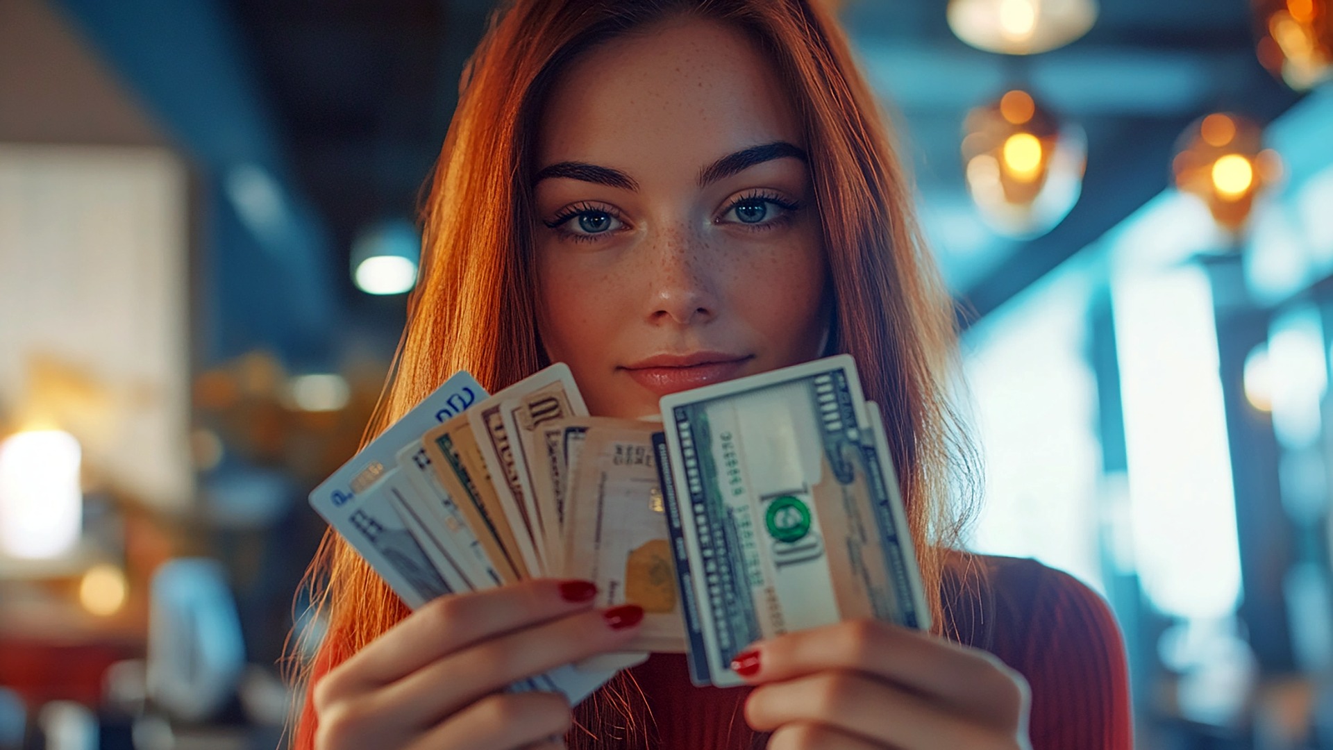 Young lady choosing her payment from a stack of cards.